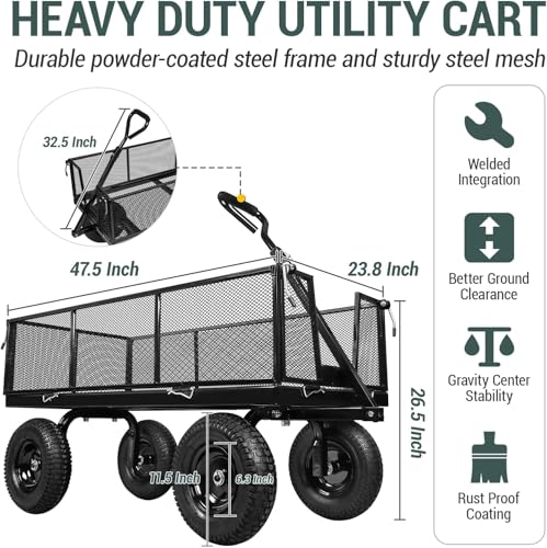 Heavy Duty Steel 1100 Lb Wagon Garden Carts with Removable Side Panels Turn Into Flatbed (1100LBS)