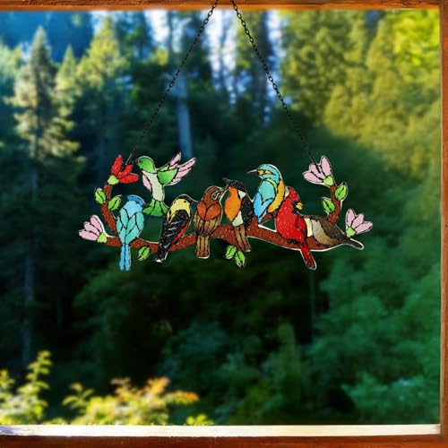 Stained Glass Window Hanging Birds On Branch Sun Catcher Decor (with Gift Packaging)
