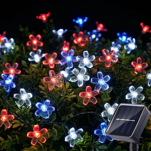 50 LED Solar Flower String Lights Outdoor Waterproof Fairy Lights (Red White&Blue / 1 Pack)