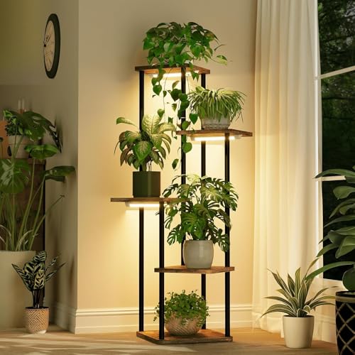 Tall Plant Stand Indoor with Grow Light Corner Plant Shelf (Brown Oak pro / 5 Tier)