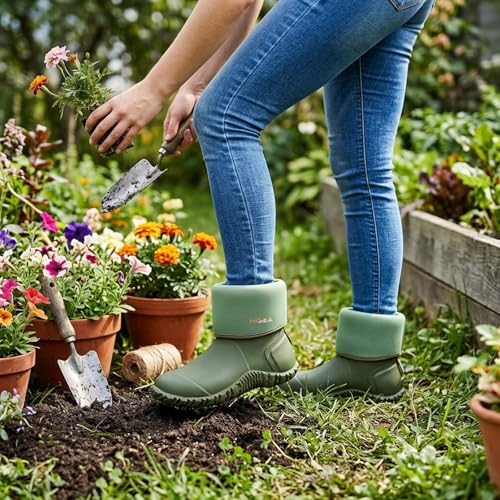 Women's Mid Calf Neoprene Rain Boots Roll Down Rubber Shoes