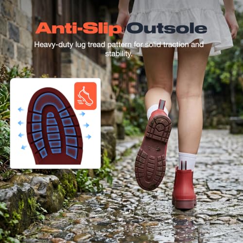Women's Short Rain Boots Waterproof Ankle Chelsea Boots (7 / Burgundy Red)