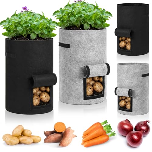 4 Pack 30 Gallon Potato Grow Bags with Harvest Window (Black, Gray)