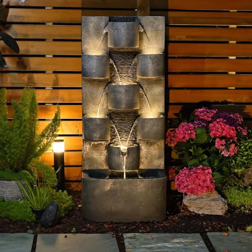 44.8" H Modern Outdoor Water Fountain with LED Lights and Pump (Grey_1 44.8 Inch)