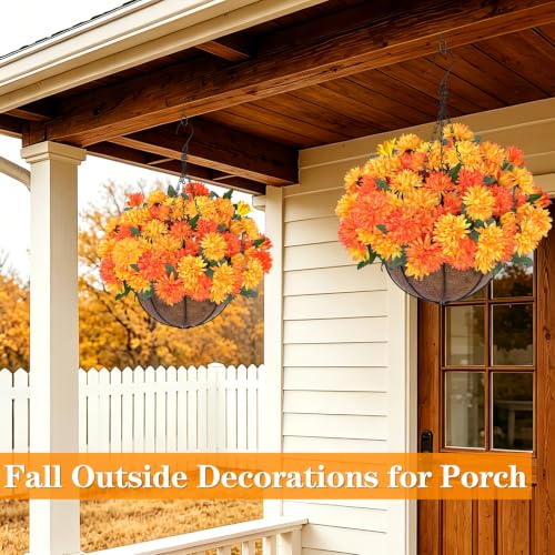 2 Sets Artificial Faux Fall Mums Hanging Flowers Plants Basket for Outdoor Decor (Orange)