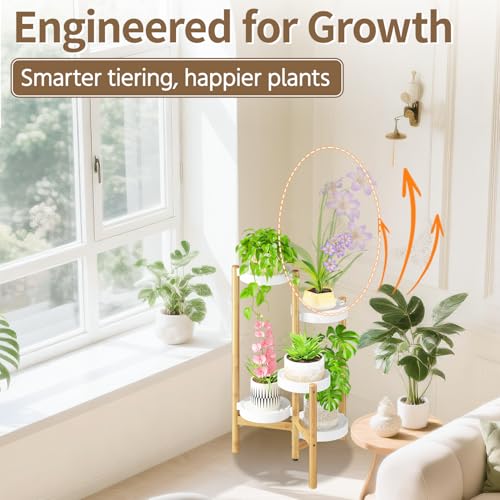 Plant Stand Table Tall for Indoor Corner (Classic White-Bamboo / 5 Tier)