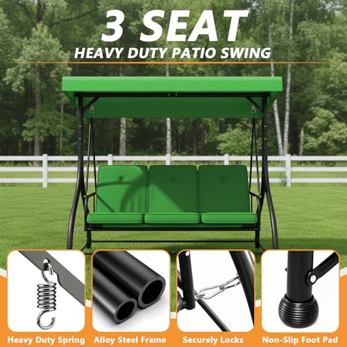 3 Seat Patio Porch Swing with Adjustable Canopy and Stand (Green / without cup holder)