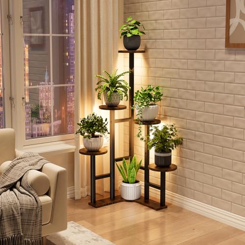 Corner Plant Stand Indoor with Grow Lights 6 Tiered Corner Plant Shelf (Rustic Brown(with Lights) / 6 Tier-Round)