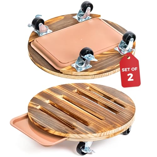 Plant Caddy 12 Inch Wood Dolly with Drainage Tray 2 Pack (Brown / 12inch-Round-2pack-Tray)