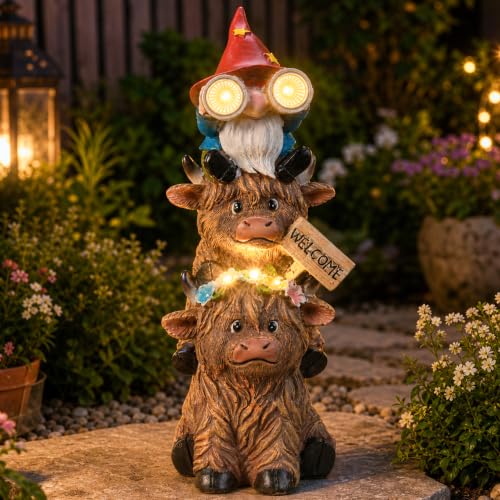 Solar Garden Gnome on Highland Cow Statue with Flower and Welcome Sign (Gnome Highland Cow)