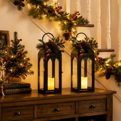 16 Inch Black Metal Christmas Lanterns Set of 2 with Remote and Timer