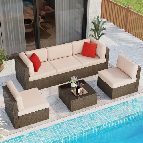 6 Pieces Patio Furniture Set Outdoor Couch Wicker Sectional Sofa (Beige / 6 pcs)