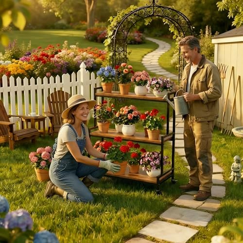 3 Tier Plant Stand with Wheels (Teak)