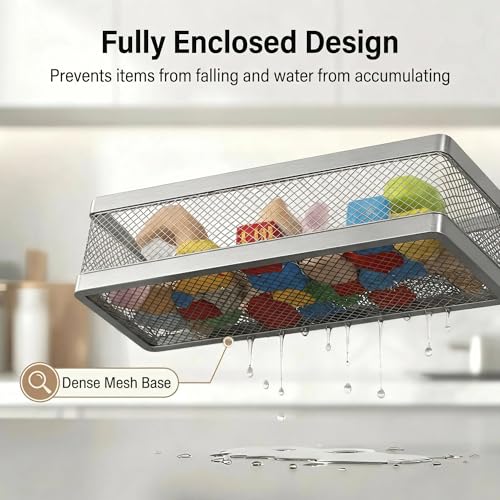 5-in-1 16.5" Extra Long Slim Wall Mount Wrapped Mesh Kitchen Organizer & Shower Caddy Kit, with Paper Towel Holder, Utensil Holder, Soap Dish, Holds 50LBS - Silver Gray, Netting (Silver Grey / 5-in-1 Full Mesh (16.5" Extra Long))