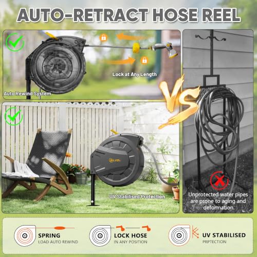 Automatic Retractable Garden Hose Reel on Metal Spike (Dark Grey / 1/2"×90FT)