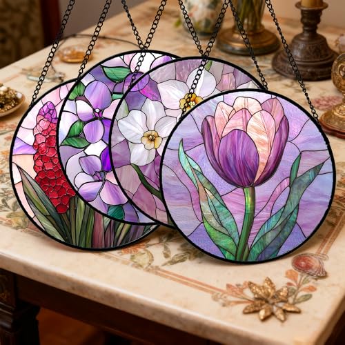 Stained Glass Window Hanging 4 Pcs Set Purple Flower Theme 6.3" (4-piece Set Purple / 6.3x6.3 IN)