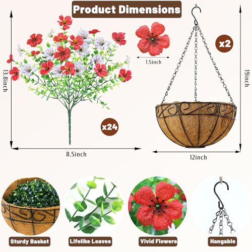 2 Set Artfiticial Hanging Flowers with Basket & Foam Outdoor (Red White / 2 Pcs)