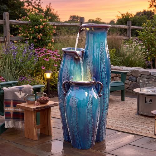 30" Ceramic Vase Water Fountain Outdoor with LED Lights (Turquoise Cascading Vase 29.5"h)