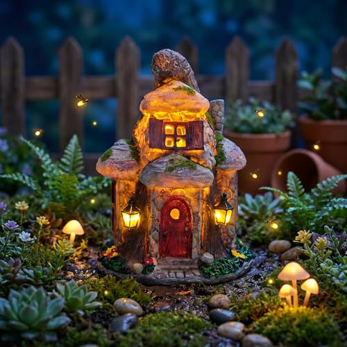 Fairy Garden House Statue with Solar LED Lights (Mossy Gnome Cottage)