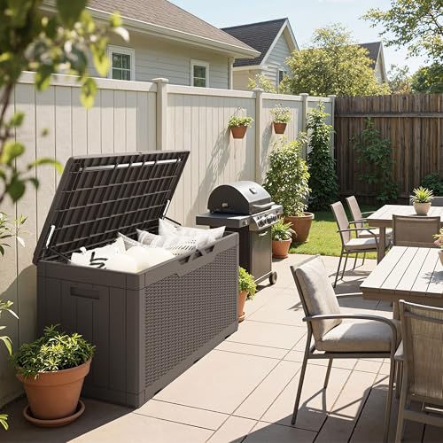 100 Gallon Resin Deck Box Large Outdoor Storage Boxes with Cushions for Garden Tools