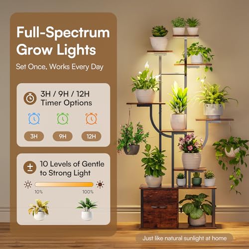 59" Large Plant Stand Indoor with Grow Lights (Black / 24"W X 59"H)