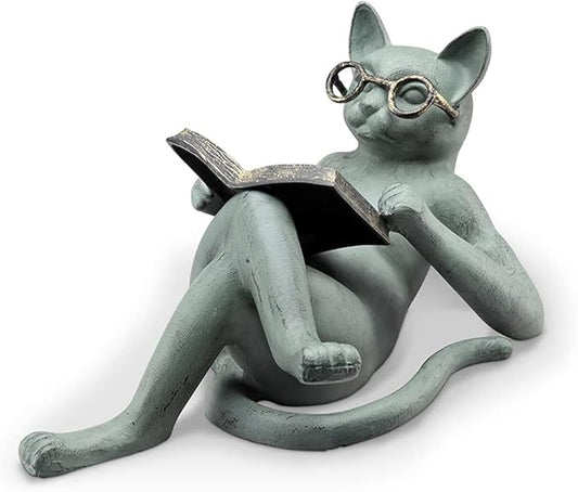 Cat Statues - Garden Decor Reading Cat Craft Wearing Glasses Sculpture, 18X8X5CM