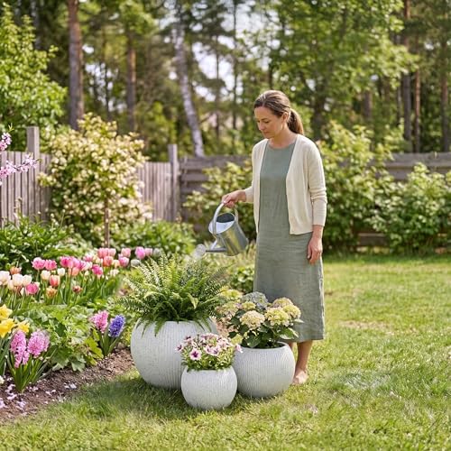 Premium Mt Sherman Fiberstone Sphere Planter for Indoor Outdoor Use (Ribbed White / Small 12.6''D x 10''H)