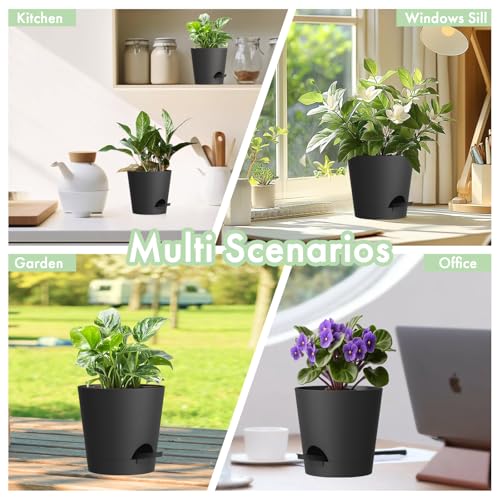 7/6.5/6/5.5/5/4 inch Self Watering Pots for Indoor Outdoor Plants, 6 Pack Plastic Flower Planters with Drainage Holes and Removable Saucers, Plant Pots with Wicking Rope, Modern Decor, Black (6 Count)