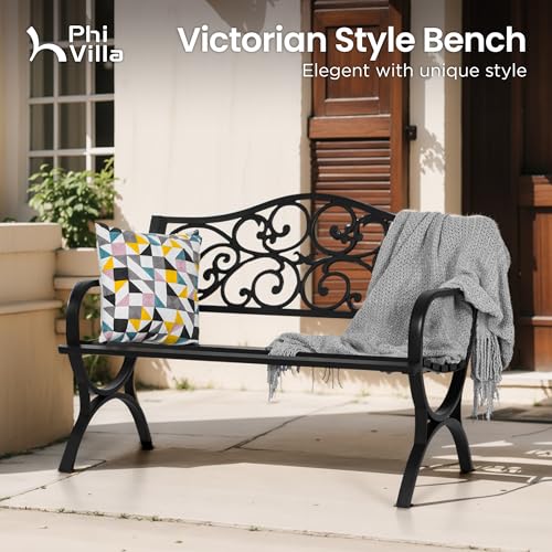 50 Inches Cast Iron Steel Frame Outdoor Garden Bench (Black)