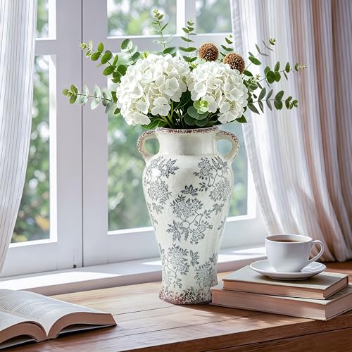 Blue and White Vintage Vase with Handle (04-blue and White-12.6 Inch)