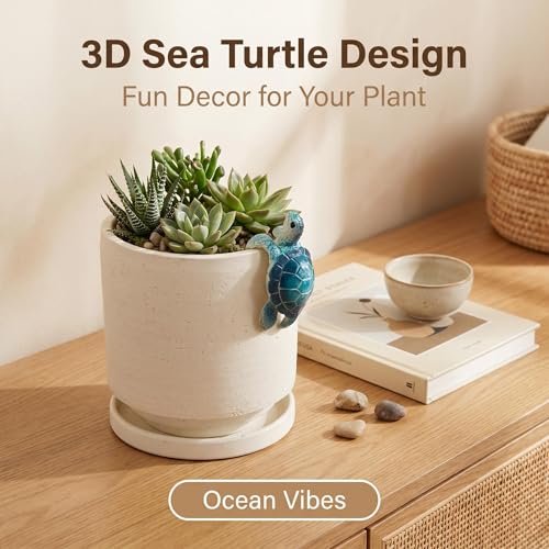 Ceramic Plant Pot with Resin Climbing Tortoise Figure (White+bt / 5.7 Inch)