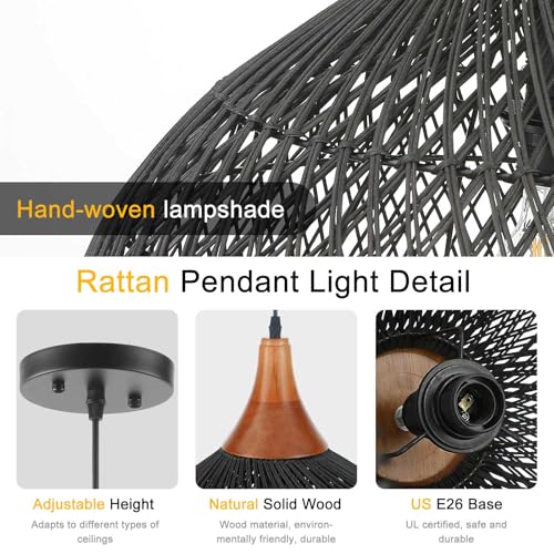 Large Black Rattan Pendant Light (Wood + Black Rattan / D 20", Extra Large)