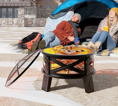 26in Steel Fire Pit with Chimney for Backyard Camping BBQ (Contemporary)