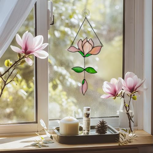 Magnolia Flower Stained Glass Suncatcher for Window (E)