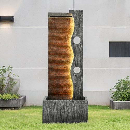 AUTODAYA 39" Modern Zen Outdoor Water Fountain LED Cascading Waterfall (Weathered Gray 39"h)