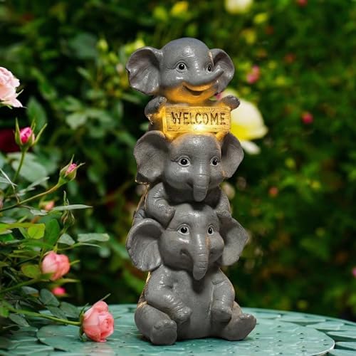 Solar Elephant Garden Statue with Lighted Welcome Sign (A Family of Three Elephants)