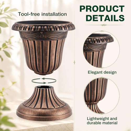 4 Pcs 16 x 18 Inches Brushed Copper Plastic Urn Planter Classic Flower Pots Front Porch Planters Indoor Outdoor Planters with Pedestal for Wedding Party Bridal Shower Garden Patio Porch (16 x 18 Inches / Brushed Copper)