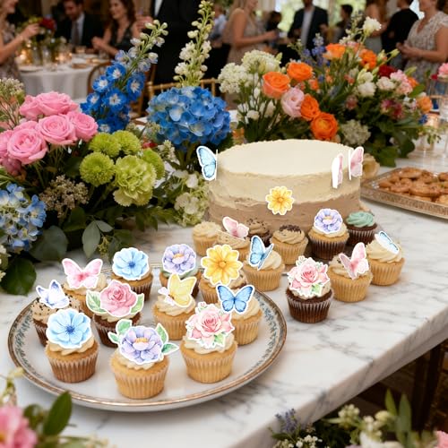65 PCS Edible Flowers Cupcake Toppers Wafer Paper Daisy Green Leaves Rose Flower Cupcake Picks Edible Flowers Cake Decorations for Baby Shower Wedding Birthday Party Cake Decorations Supplies (Pattern 1)