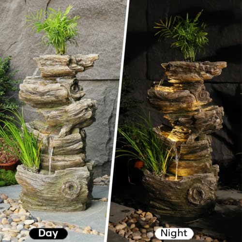 28" Wood Outdoor Water Fountain with Planter for Garden Decor (27.56"H / Brown)