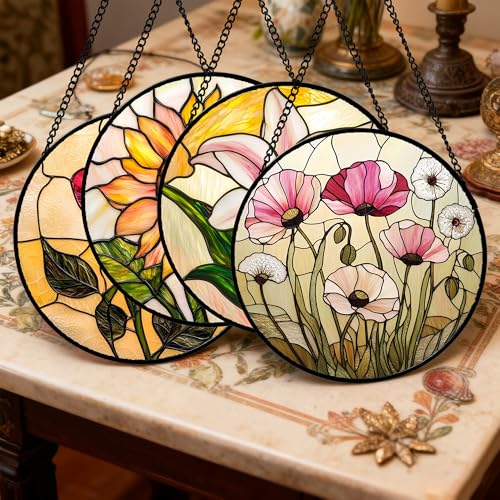 Stained Glass Window Hanging 4 Pcs Set Lily Rose Sunflower Poppy 6.3" (4-piece Red and Blue Set / 6.3x6.3 IN)