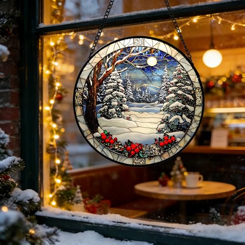 Winter Snow Night Scenery Stained Glass Window Hanging Suncatcher Gift 6.3"