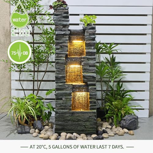 47 in High Water Fountain Outdoor Garden 3 Tier Cascading Large Outdoor Fountains and Waterfalls with LED Lights for Garden (Stone 47 Inch)
