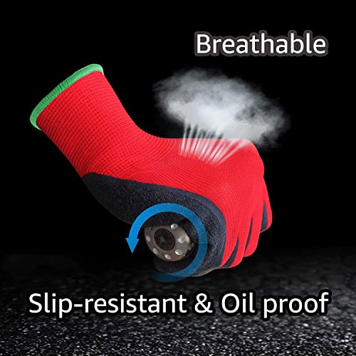 Crinkle Latex Rubber Coated Safety Work Gloves for Men Women (X-Large / Red-12 Pairs)