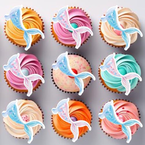 60Pcs Edible Colorful Mermaid Tails Cupcake Toppers Mermaid Cupcake Picks for Under The Sea Party Decoration Baby Shower Girls Mermaids Birthday Ocean Theme Bridal Shower Wedding Supplies (Blue Pink Purple)