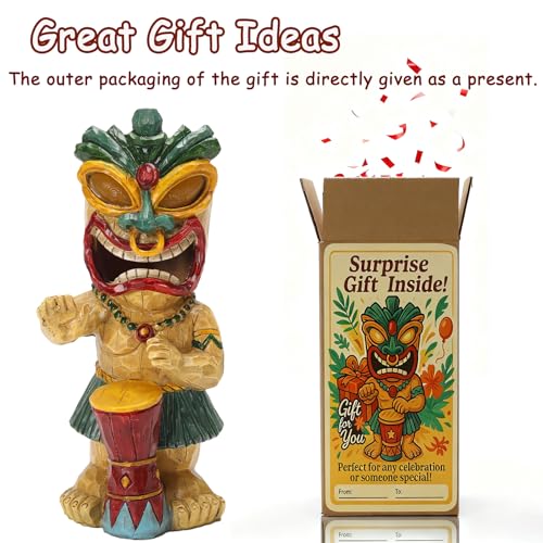 Solar Tiki Garden Statue with LED Eyes Outdoor Polynesian Drummer Hawaiian Party Decor Solar Light Ornament for Patio Porch Lawn or Tiki Lover Best Gifts for Tiki Lovers (Drumming Tiki Statue)