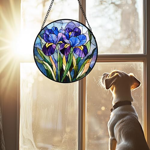 Blue Purple Iris Flowers Stained Glass Window Hanging Suncatcher Gifts 6.3" (Purple / 6.3x6.3 IN)