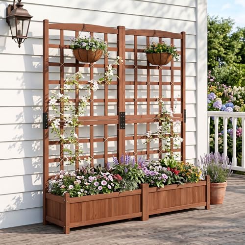 Wooden Raised Garden Bed with Trellis (Brown / 57"Lx13"Wx59"H)