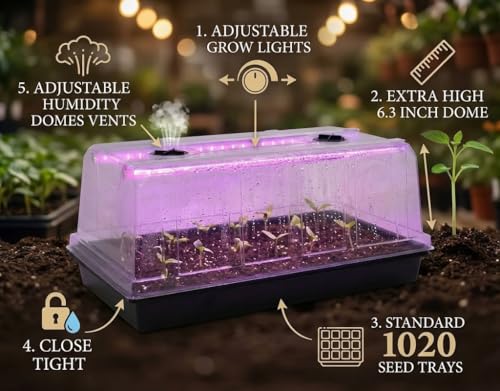 4 Pack 1020 Seed Starter Tray with Grow Light & 6.3" Tall Humidity Dome (4p 1020Trays+6.3''Domes+Lights)