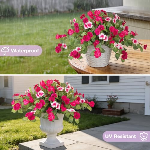 Artificial Fake Flowers for Outdoors Spring Decoration 2 Bundles Faux Flowers Plants for Outdoor Planters UV Resistant Silk Realistic Flowers for Outside Home Garden Front Porch Patio Décor (A-rose Red White)