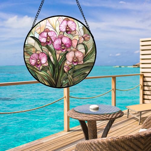 Phalaenopsis Orchid Stained Glass Window Hanging Decor Gifts for Women 9.8"